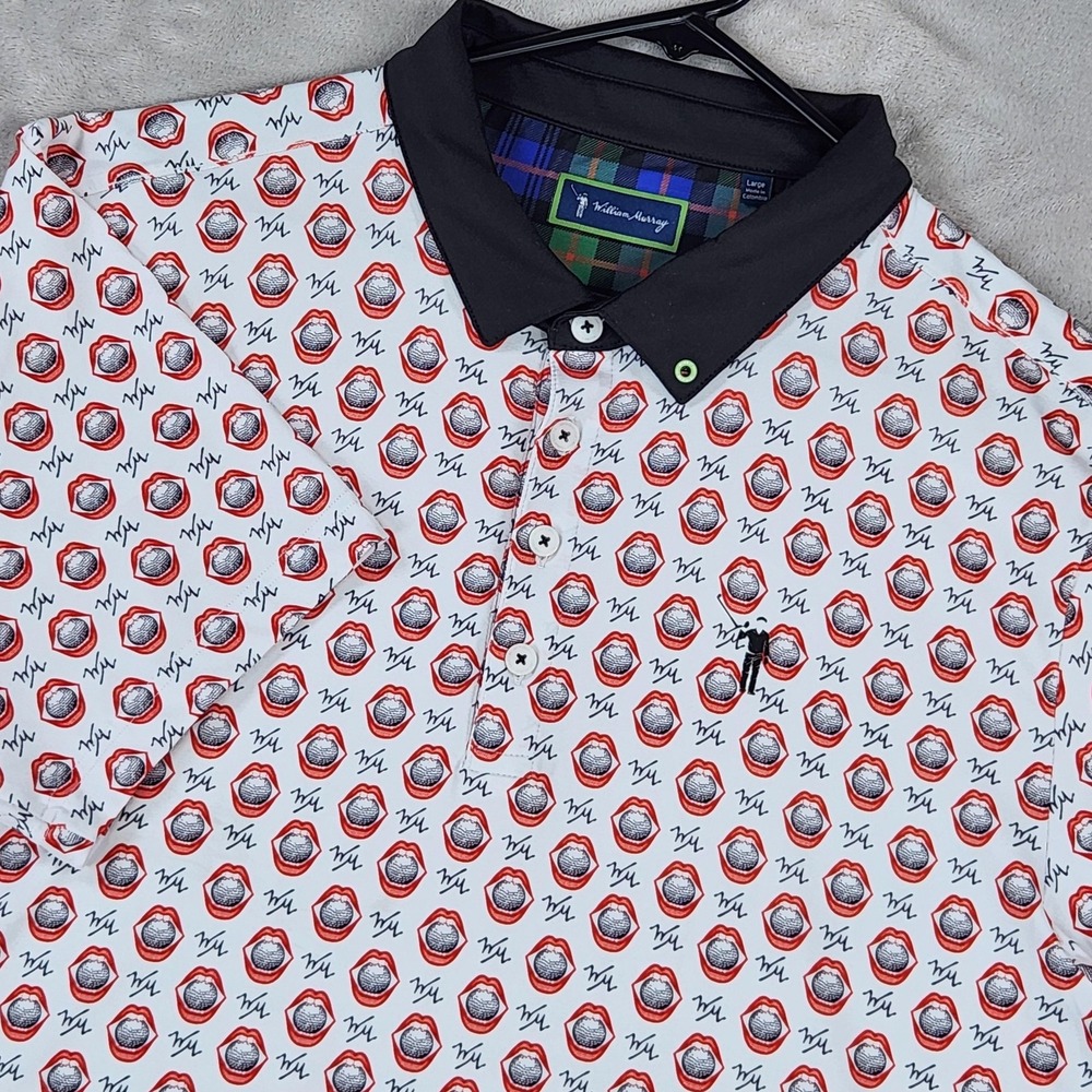 William Murray Polo Shirt Mens Large White Lips Golf Print Performance Stretch